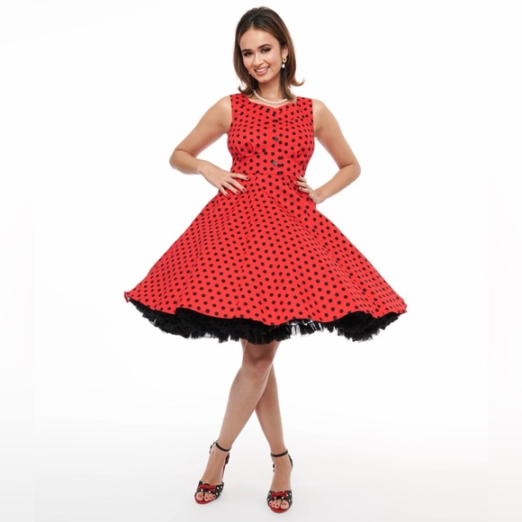 Unique Vintage Orchid Bloom 1950s Red & Black Polka Dot Fit & Flare Swing Dress - Picture 12 of 16